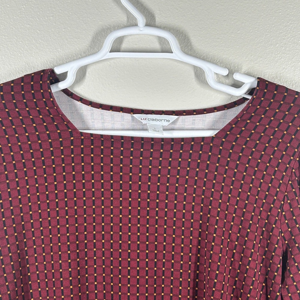 Liz Claiborne Womens Large Burgundy Geometric Square Neck 3/4 Sleeve Blouse Top